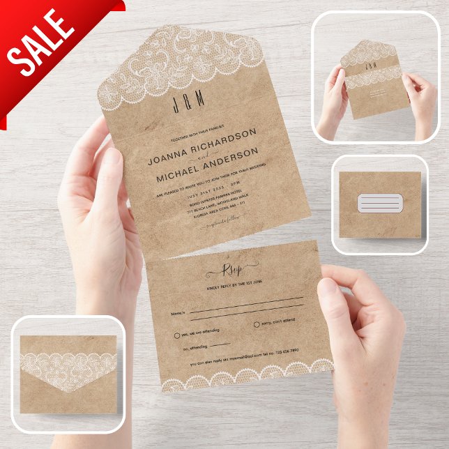 All Inclusive Rustic Lace Wedding with RSVP In One Invitation (Creator Uploaded)