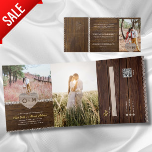 All Inclusive Rustic Wood Lace Photo RSVP Program Tri-Fold Invitation