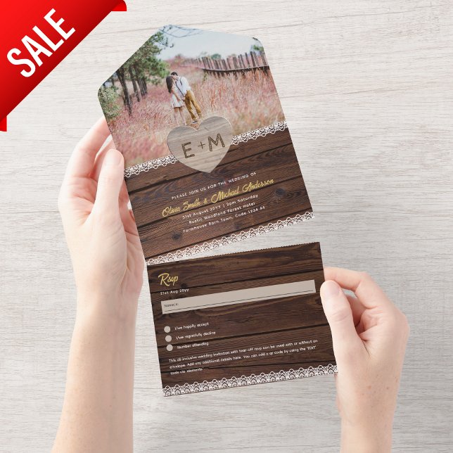 All Inclusive Rustic Wood Lace Photo Tear Off RSVP All In One Invitation (Creator Uploaded)