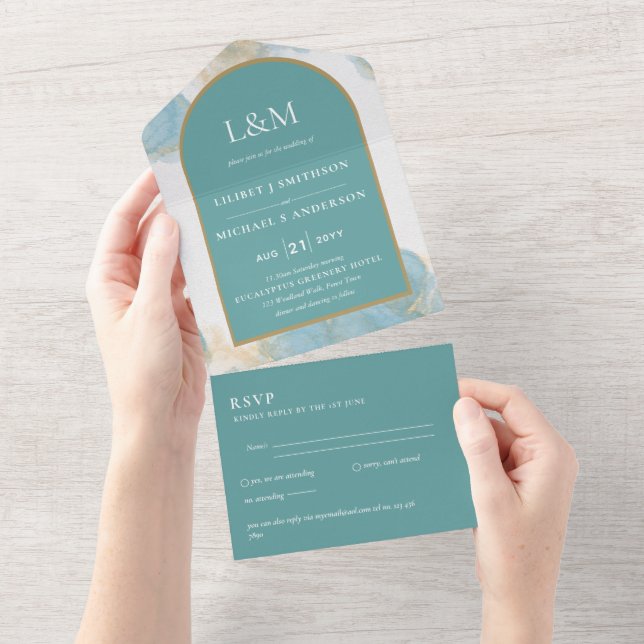 All Inclusive Teal Turquoise Wedding RSVP All In One Invitation (Tearaway)
