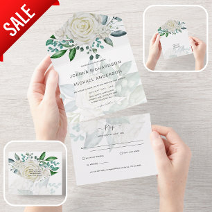 All Inclusive White Roses Wedding Floral RSVP All In One Invitation