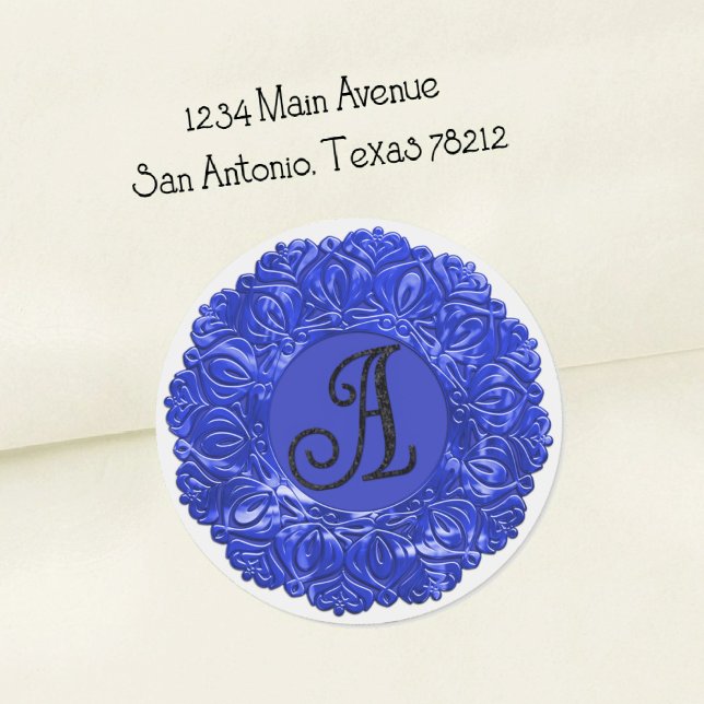 ALL INITIALS Black Monogram 3 Filigree Edge Blue Classic Round Sticker (Creator Uploaded)