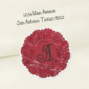 ALL INITIALS Black Monogram 3 Filigree Edge Red Classic Round Sticker