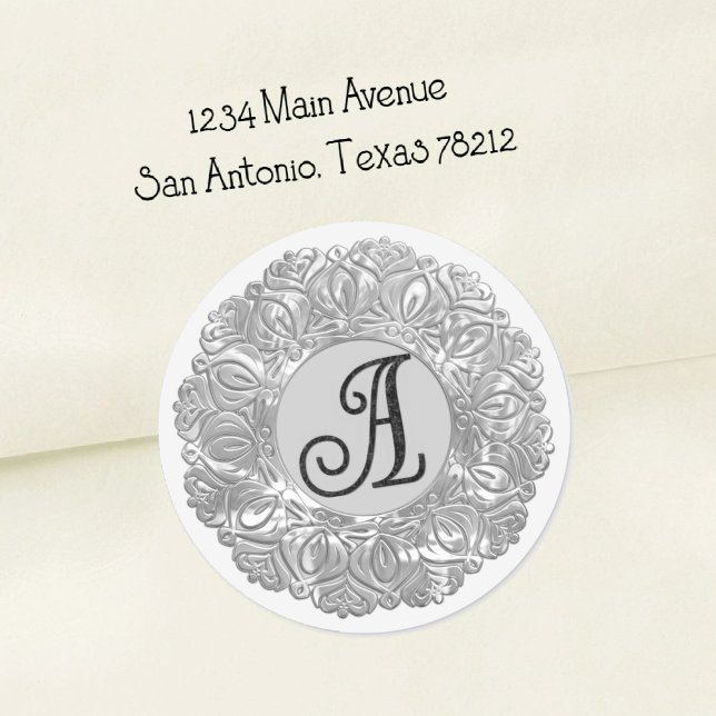 ALL INITIALS Black Monogram 3 Filigree Grey Classic Round Sticker (Creator Uploaded)