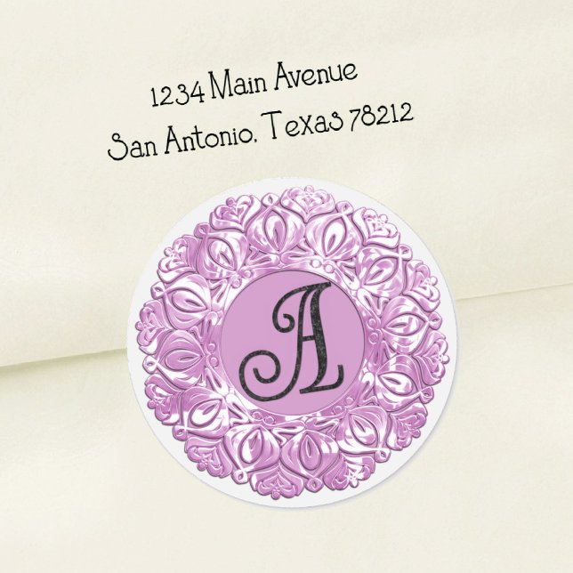 ALL INITIALS Black Monogram 3 Filigree Lavender Classic Round Sticker (Creator Uploaded)