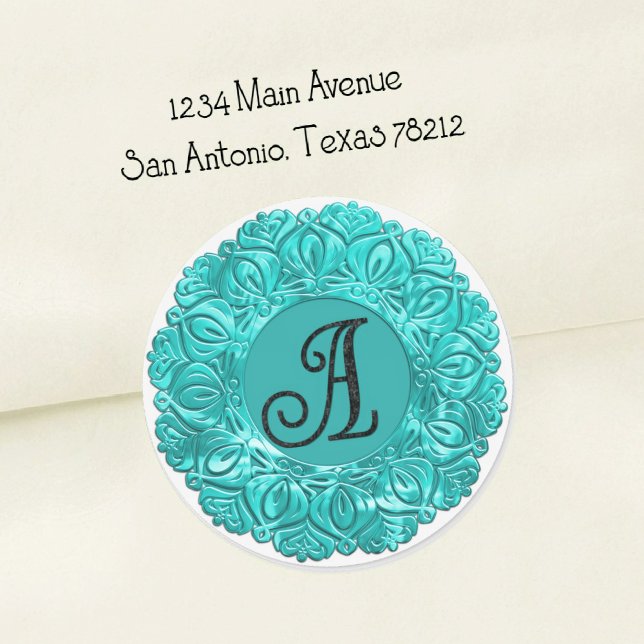 ALL INITIALS Black Monogram 3 Filigree Turquoise Classic Round Sticker (Creator Uploaded)