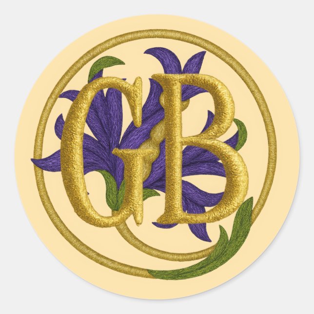 ALL INITIALS Embroidery Look Dk Purple Floral Classic Round Sticker (Front)