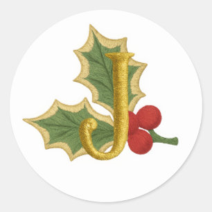 ALL INITIALS Embroidery Look Holly Berries Classic Round Sticker