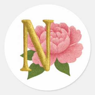 ALL INITIALS Embroidery Look Pink Peony Any Colour Classic Round Sticker