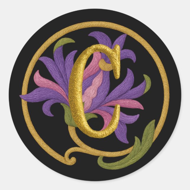 ALL INITIALS Embroidery Look Pink Purple Floral Classic Round Sticker (Front)