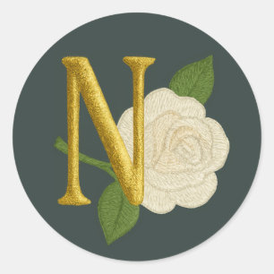 ALL INITIALS Embroidery Look White Rose Any Colour Classic Round Sticker