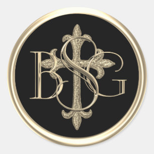 ALL INITIALS Gold 3 Monogram Gold Cross 2 Classic Round Sticker