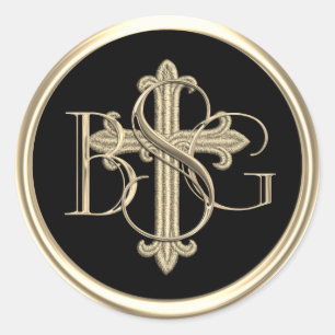 ALL INITIALS Gold 3 Monogram Gold Cross 3 Classic Round Sticker