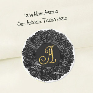 ALL INITIALS Gold Monogram 3 Pearly Filigree Black Classic Round Sticker