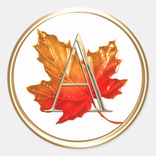 ALL INITIALS Gold Monogram Autumn Maple Leaf Classic Round Sticker (Front)