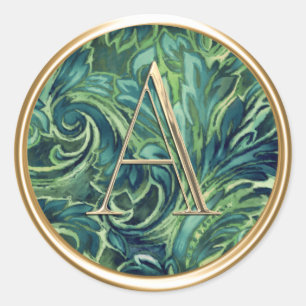 ALL INITIALS Gold Monogram Blue and Green Damask Classic Round Sticker