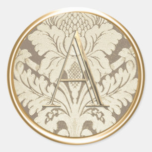 ALL INITIALS Gold Monogram Champagne Damask Classic Round Sticker