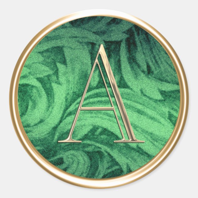 ALL INITIALS Gold Monogram Emerald Green Damask Classic Round Sticker (Front)