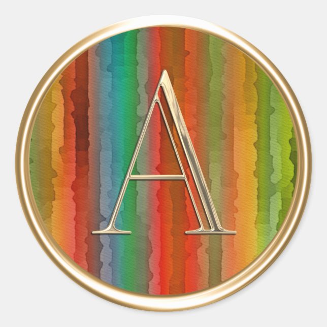 ALL INITIALS Gold Monogram Festive Colour Stripe Classic Round Sticker (Front)