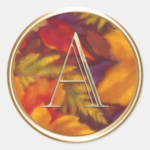 ALL INITIALS Gold Monogram on Autumn Leaves Classic Round Sticker