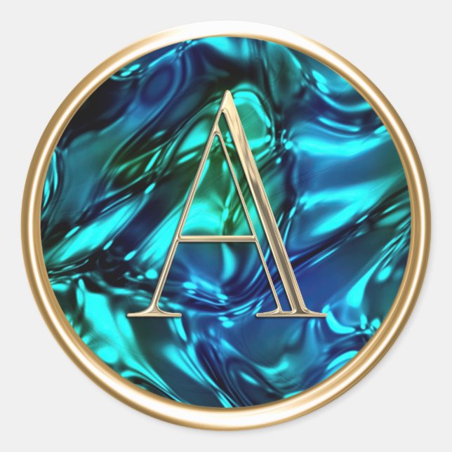 ALL INITIALS Gold Monogram on Blue Green Wavy  Classic Round Sticker (Front)