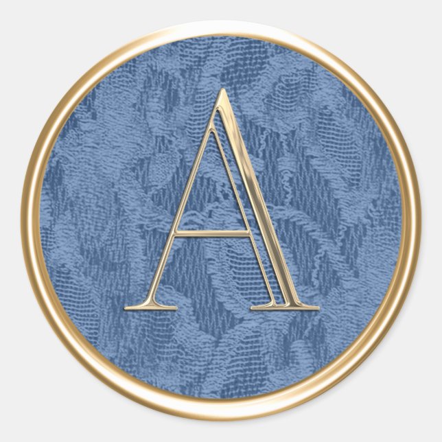 ALL INITIALS Gold Monogram on Medium Blue Lace Classic Round Sticker (Front)