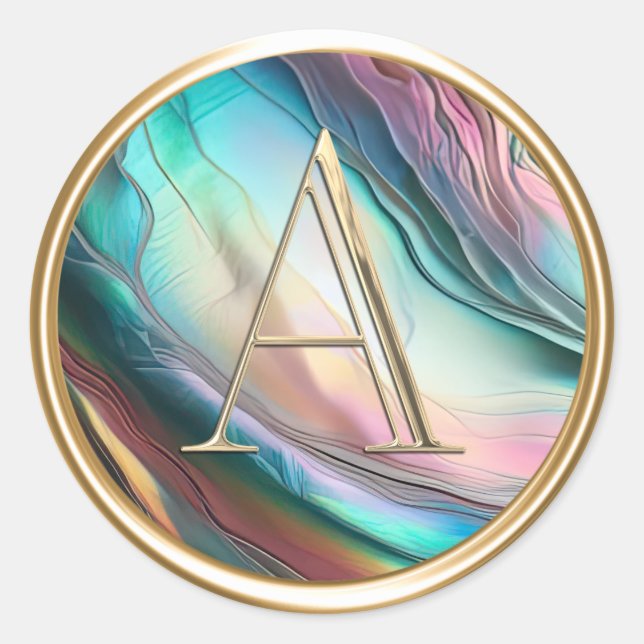 ALL INITIALS Gold Monogram on Mother of Pearl Classic Round Sticker (Front)