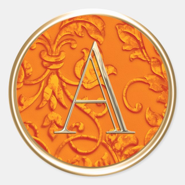 ALL INITIALS Gold Monogram on Orange Damask Classic Round Sticker (Front)
