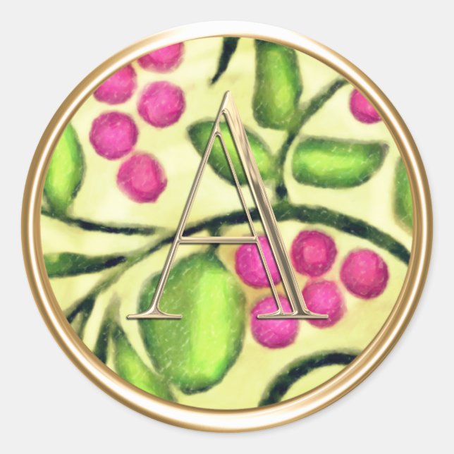 ALL INITIALS Gold Monogram on Pink Berry Vine Classic Round Sticker (Front)