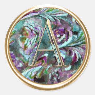 ALL INITIALS Gold Monogram on Purple Green Damask Classic Round Sticker