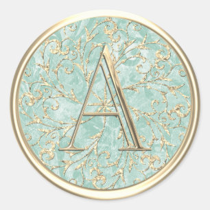 ALL INITIALS Gold Monogram Ornate Mint Green Classic Round Sticker