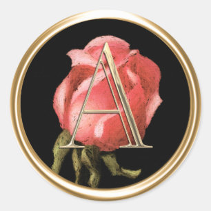 ALL INITIALS Gold Monogram Pink Rose  Black Classic Round Sticker