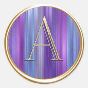 ALL INITIALS Gold Monogram Purple Blue Stripes  Classic Round Sticker