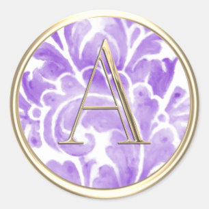 ALL INITIALS Gold Monogram Purple Plume Classic Round Sticker