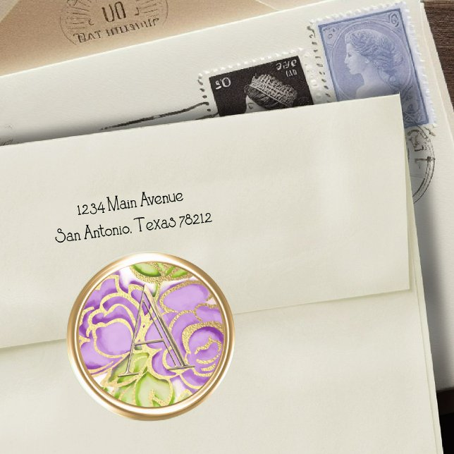 ALL INITIALS Gold Monogram Purple Roses Classic Round Sticker (Creator Uploaded)