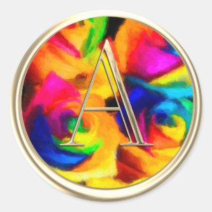 ALL INITIALS Gold Monogram Rainbow Roses Classic Round Sticker