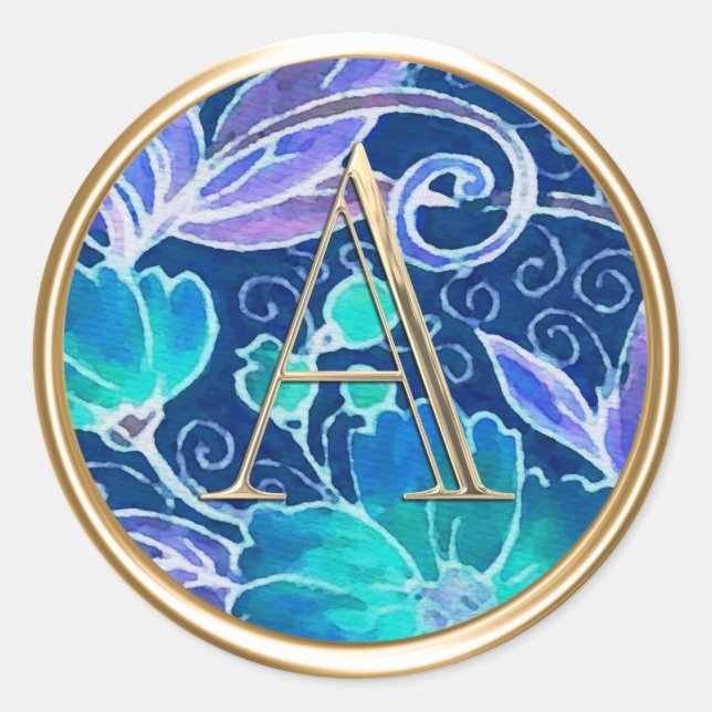 ALL INITIALS Gold Monogram Raspberry Blue Floral Classic Round Sticker (Front)