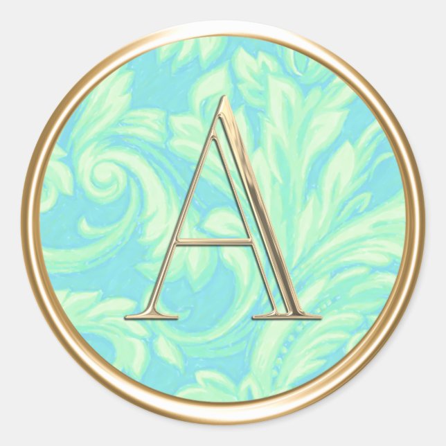 ALL INITIALS Gold Monogram Turquoise Aqua Damas Classic Round Sticker (Front)