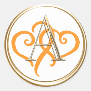 ALL INITIALS Gold Monogram Two Orange Hearts Classic Round Sticker