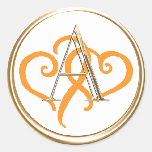 ALL INITIALS Gold Monogram Two Orange Hearts Classic Round Sticker (Front)