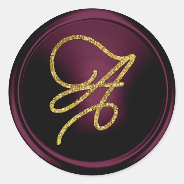 ALL INITIALS Gold Script Monogram Dark Plum Classic Round Sticker (Front)
