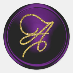 ALL INITIALS Gold Script Monogram Dark Purple Classic Round Sticker