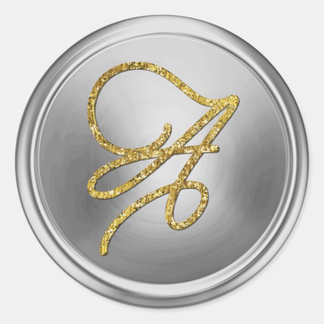 ALL INITIALS Gold Script Monogram Silver Classic Round Sticker (Front)