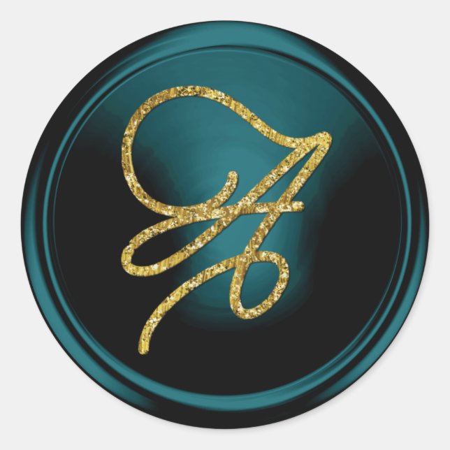 ALL INITIALS Gold Script Monogram Teal Blue Classic Round Sticker (Front)