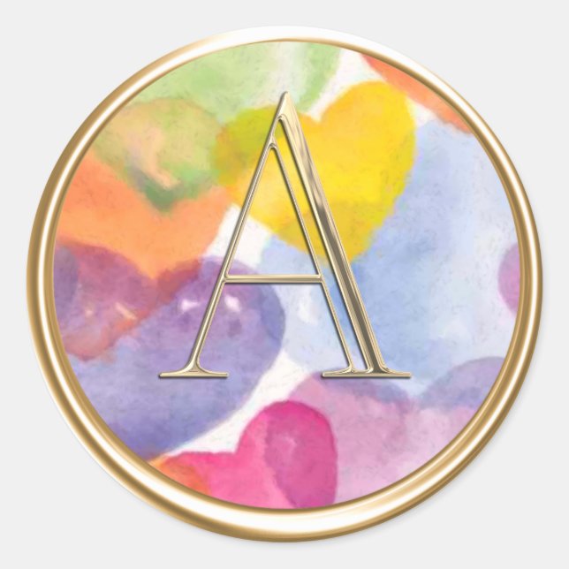 ALL INITIALS Monogram Watercolor Hearts Classic Round Sticker (Front)