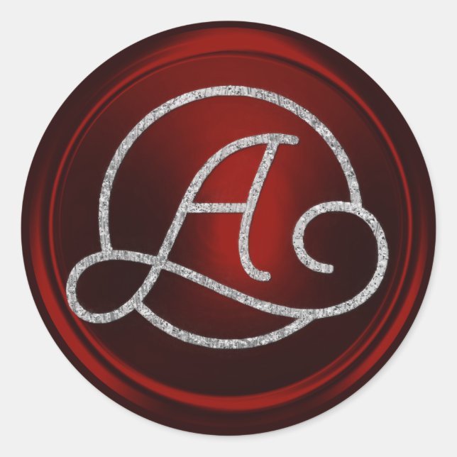 ALL INITIALS Silver Circle Monogram Deep Red Classic Round Sticker (Front)