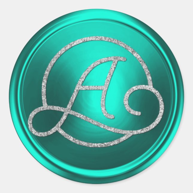 ALL INITIALS Silver Circle Monogram Turquoise Classic Round Sticker (Front)
