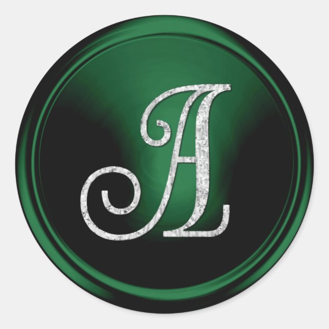 ALL INITIALS Silver Monogram 3 Emerald Green Classic Round Sticker (Front)