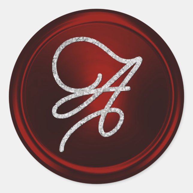 ALL INITIALS Silver Script Monogram Deep Red Classic Round Sticker (Front)