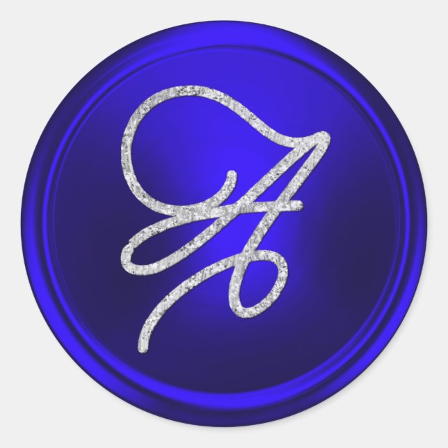 ALL INITIALS Silver Script Monogram Royal Blue Classic Round Sticker (Front)